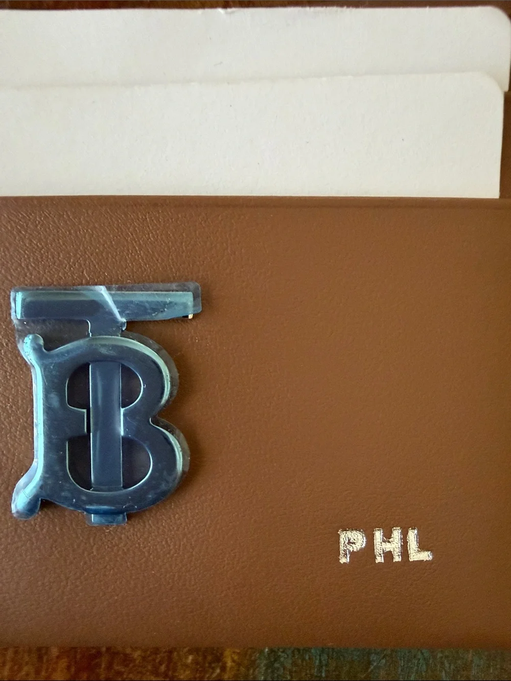 NWOT Burberry Tan Leather Card Holder with Silver TB Monogram has initials PHL